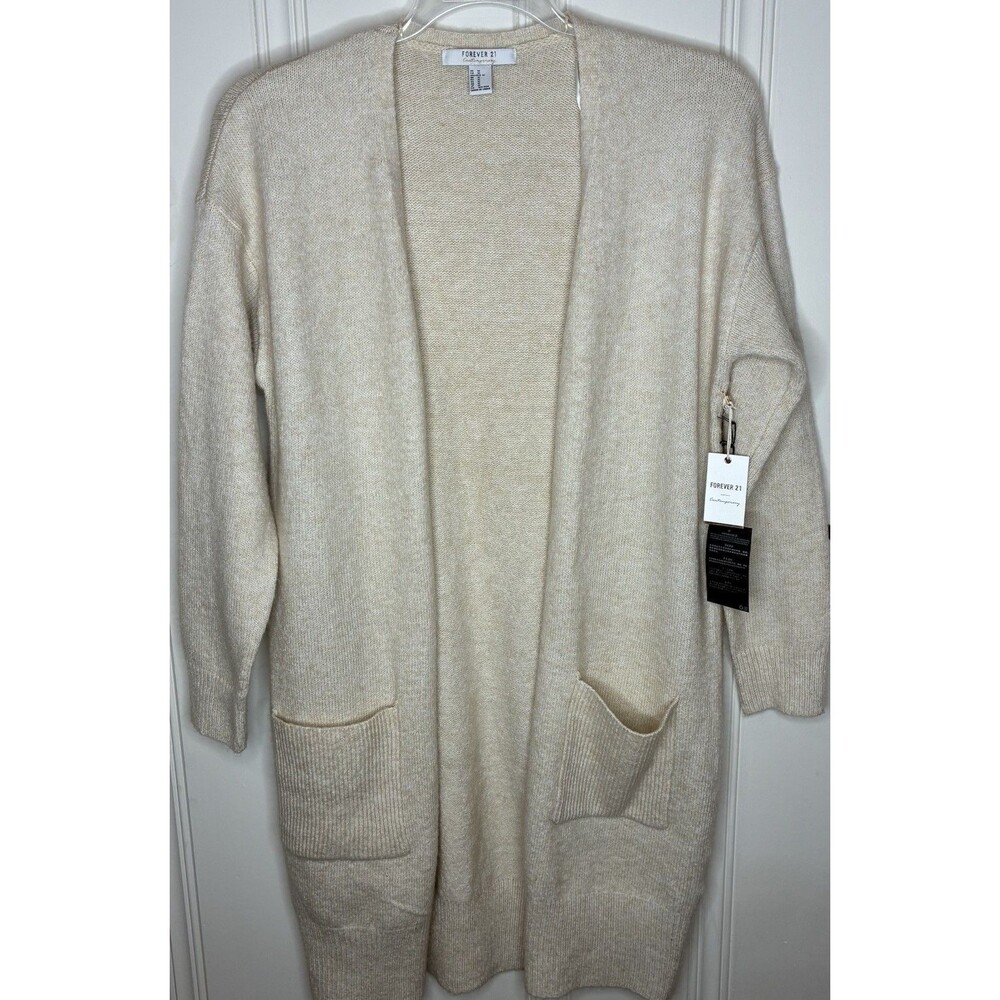 NWT Womens Long Cardigan Sweater Size M Beige Pockets Classic Relaxed Open Front